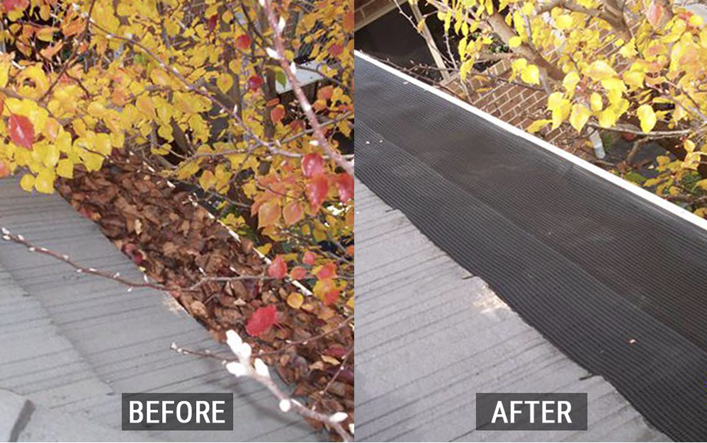 Before and after gutter guard installation — clean gutters with no debris